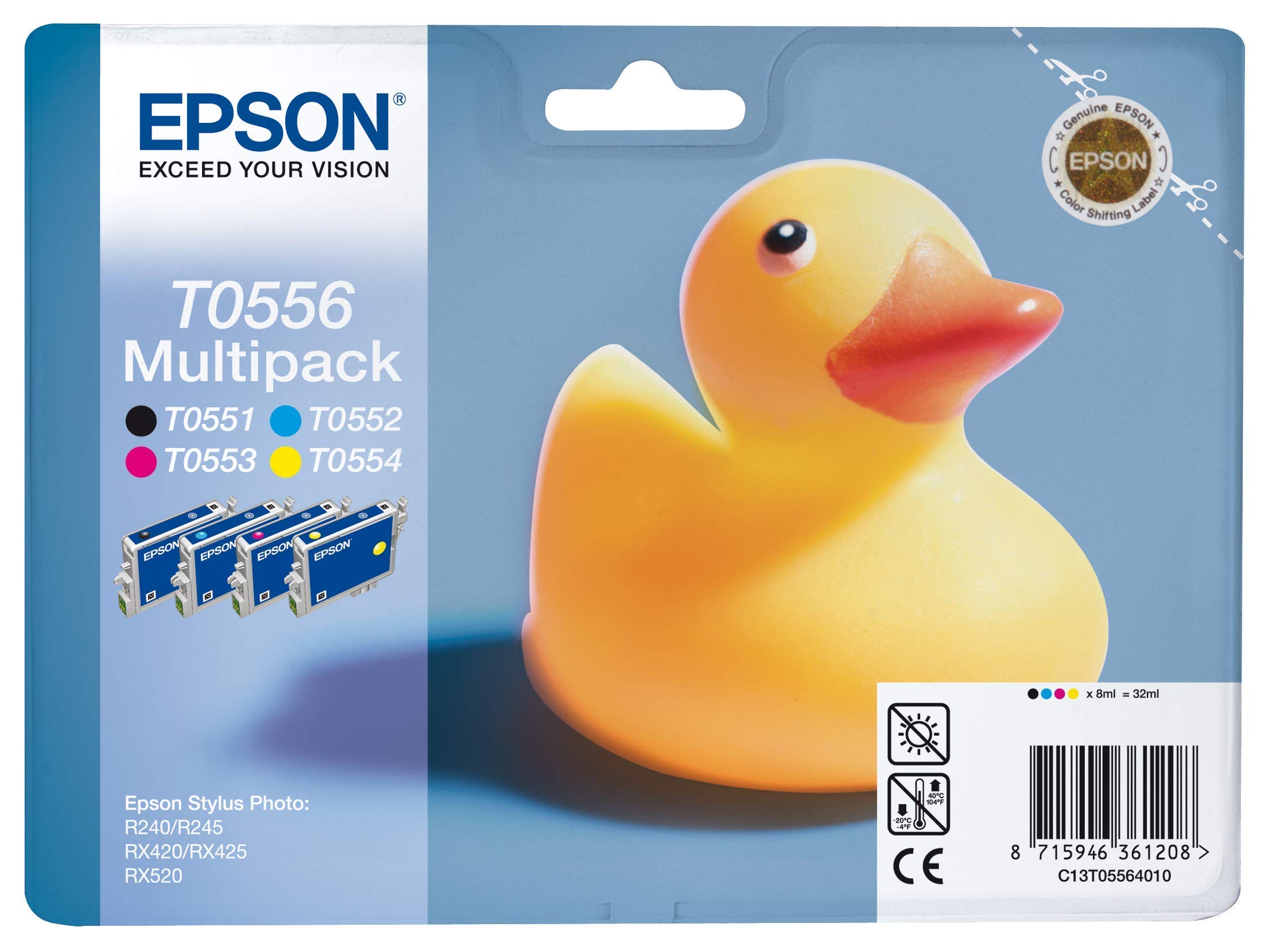 Epson C13T05564010 Multipack T0556, Print Cartridge, 1 x Black, Yellow, Cyan, Magenta, blister with RF alarm, Genuine