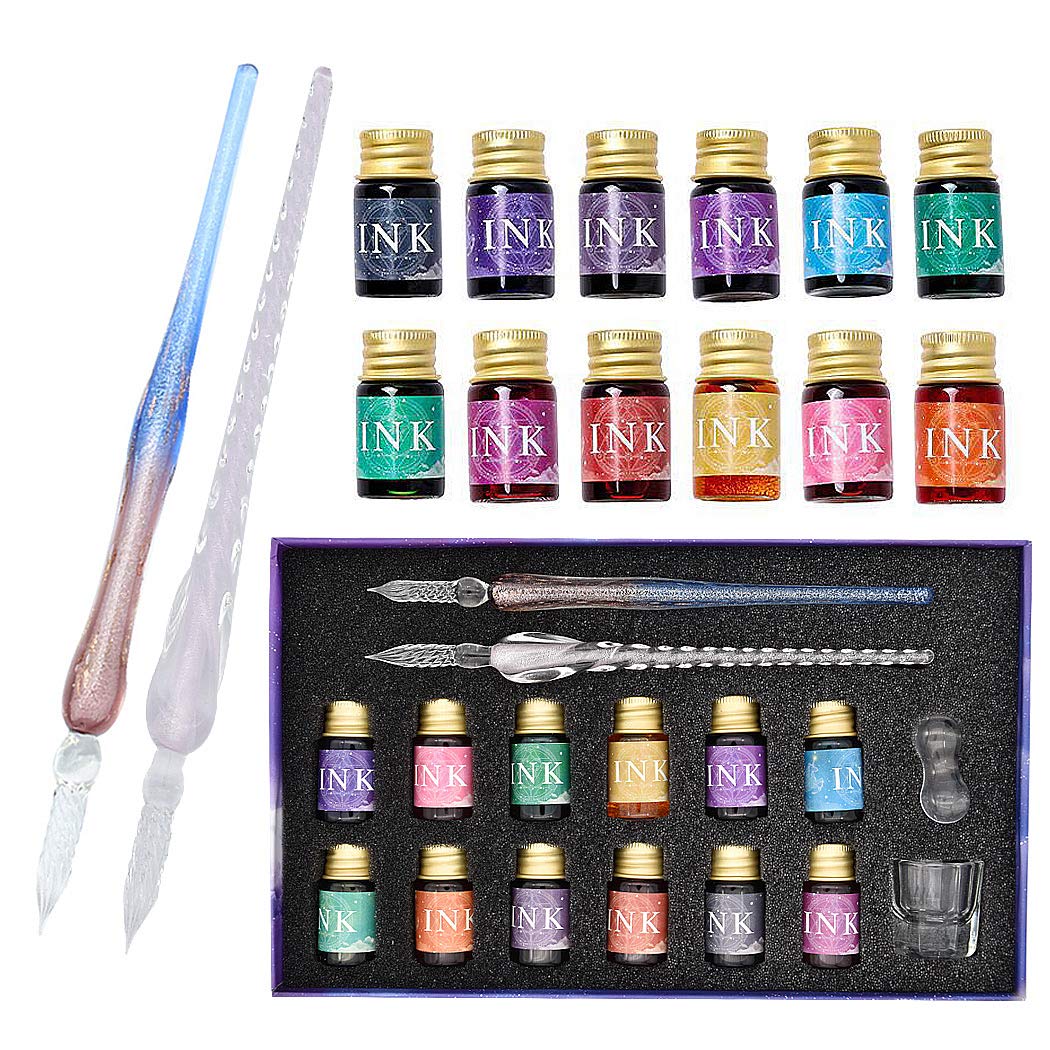 SIPLIV Handmade Glass Dip Pen Ink Set, Crystal Sparkling Signature Drawing Calligraphy Writing Pen, 16 Pcs Gift Set with 12 Colors Ink, 2 Glass Pen, Cleaning Cup and Pen Holder - Pink