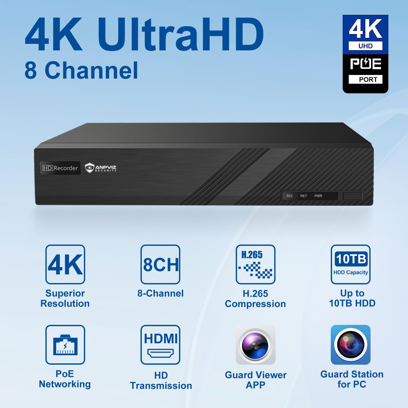 Only Plug & Play with Anpviz U Series Camera, 4K 8CH PoE NVR Network Video Recorder Pre-Installed 2TB HDD, 8 Channel H.265 NVR Support 8MP/6MP/5MP/4MP/3MP/1080P IP PoE Camera for 24/7 Recording