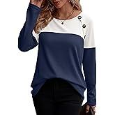 Zeagoo Women Waffle Knit Shirts Long Sleeve Colorblock Tee Button Detail Tunics