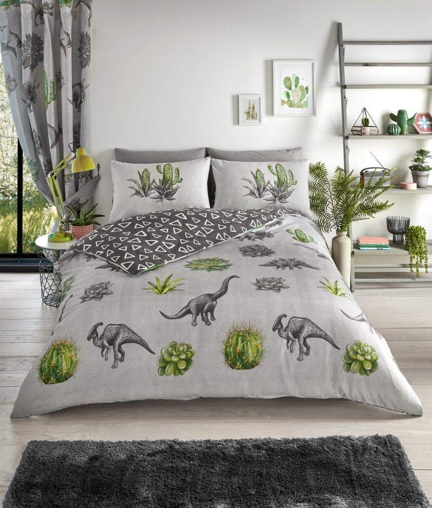 GC GAVENO CAVAILIA Luxurious Dinosaur Dreams Bed Set with Duvet Cover and Pillow Cases, Polyester-Cotton, Grey, Single