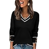 WIHOLL Lightweight Sweaters for Women Long Sleeve V Neck Knit Outfits with Decorative Buttons