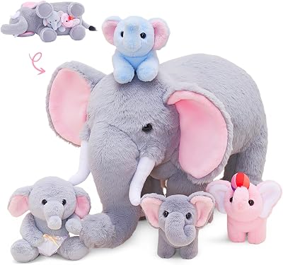OUOZZZ 14” Elephant Plush Mummy and Babies Family Set with 4 Inside