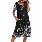 Ekouaer Womens House Dress Moomoo Nightgown with Pockets Short Sleeve Mumu Nightgown Button Down Sleepwear
