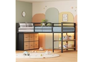 ADORNEVE Low Loft Bed with 6 Storage Drawers, Twin Loft Bed with LED Lights, Metal Loft Bed Twin Size with Open Storage Shelves, Twin Bed Frame with 15" H Safety Guard Rail for Kids, Natural