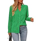 NALANISA Women's Long Sleeve Shirts Button Down Dressy Casual Blouses V Neck Embroidery Hollow Out Tops Fall Winter Clothes
