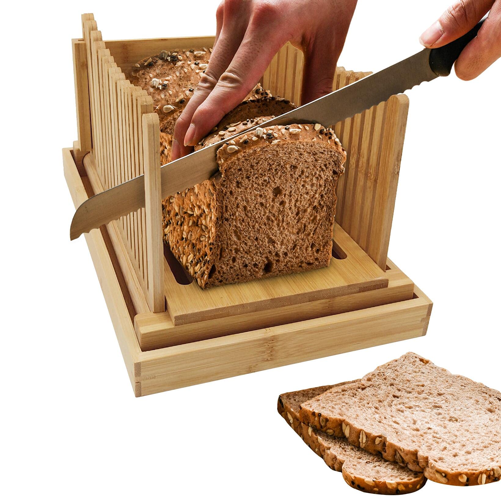 Bread Slicer Cutting Guide - Wood Bread Cutter for Homemade Bread,Wholemeal bread loaf, Bagels, Foldable with Crumbs Tray Works Brown