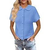 Saodimallsu Womens Short Sleeve Cropped Cardigans Casual Summer Button Down Collared Lightweight Loose Knit Sweater Top Blue