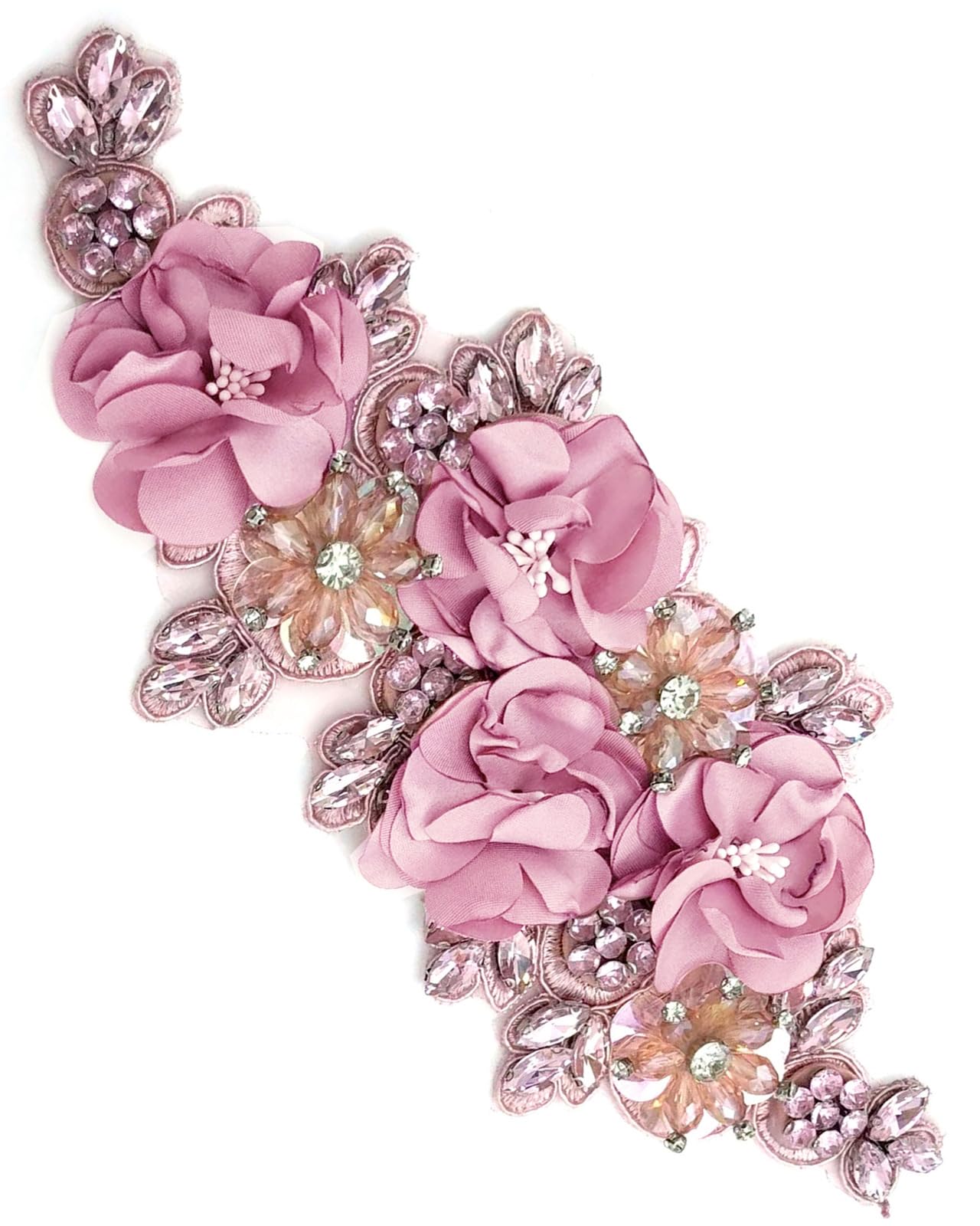 Photo 1 of 1pc Handmade Rhinestone Applique for Clothes, 3D Flower Fabric Patches for Wedding Dress, Bling Beaded Embroidery Lace Applique for Hat Hairband Sewing Embellishment (Dusty Pink)