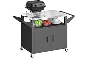 Outsunny Outdoor Grill Cart with Stainless Steel Tabletop for Kitchen Prep, 3-Shelf Pizza Oven Stand with Storage Cabinet, Mo