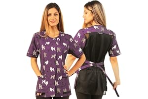 Ladybird Line 710 Purple Poodle Print Waterproof Dog Grooming Smock, Hair and Bleach Resistant with Covered Zipper Panel, Mesh Back, and Back Tie Belt, Ideal for Pet Groomers and Vet Clinics - Small