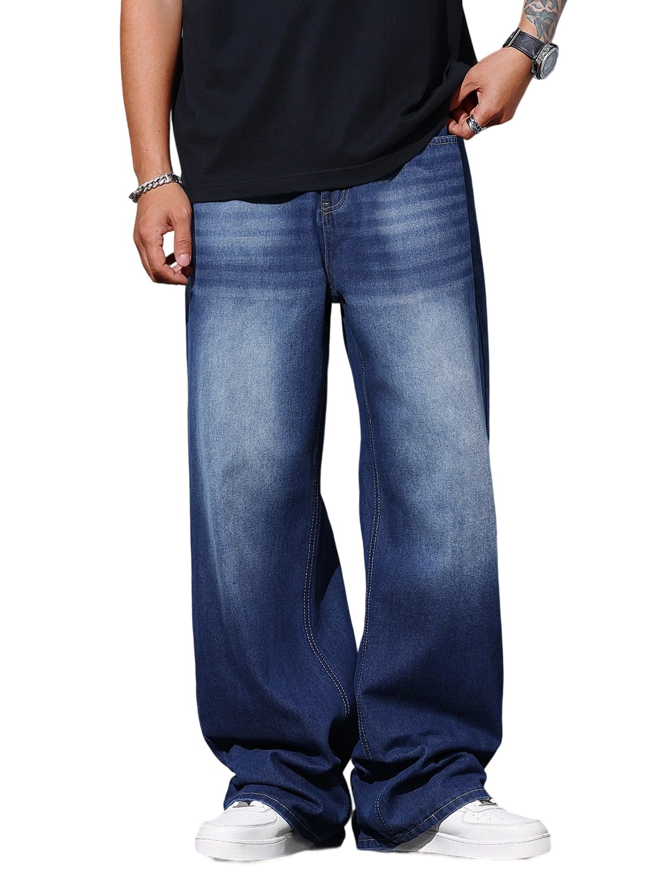 Photo 1 of DFGIGT Mens Wide Leg Baggy Jeans Y2k Casual Fashion Loose Denim Pants Work Office Streetwear Hip Hop 2000s Jinco Oversized Relaxed Extreme Skater Skateboard,D10 Dark Blue,Large