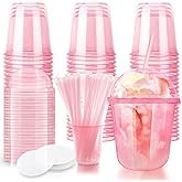 Xuelimei 12oz Disposable Stemless Glasses With Dome Lids and Straws,PET Disposable Drinking Cups,Clear Plastic Wine Glasses for Parties Birthday,Wedding,Meeting,Christmas Party Supplies (50, Pink)