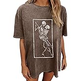 Migxsaf Oversized Graphic Tees for Women Black Vintage Skeleton Skull Shirts Cotton Baggy Crew Neck T Shirt Grunge Loose Tops