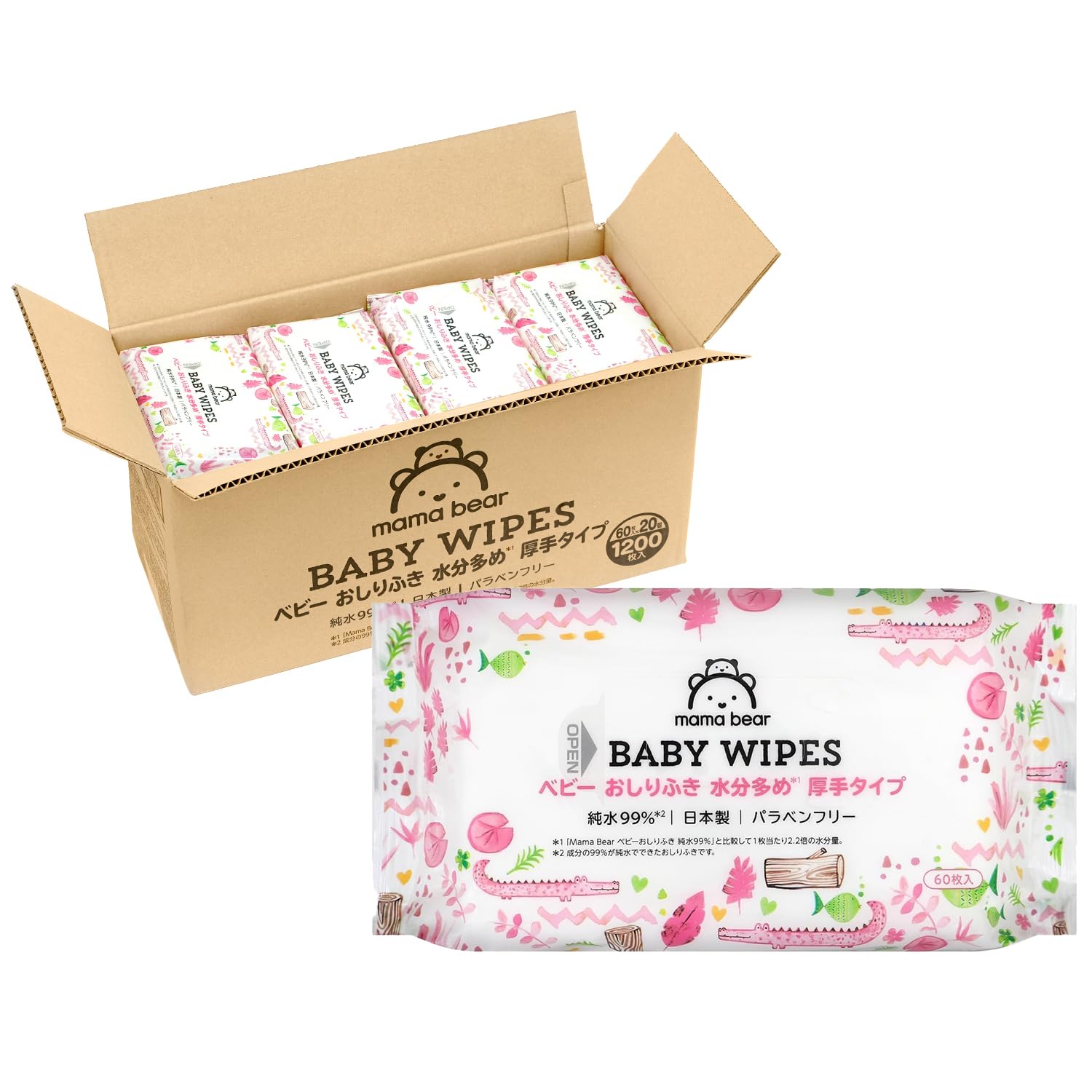 [Amazonブランド] Mama Bear (ママベアー) ベビー おしりふき 純水99% 厚手タイプ 水分多め 無香料60枚入x20個 (1200枚) [ケース品] 日本製商品画像