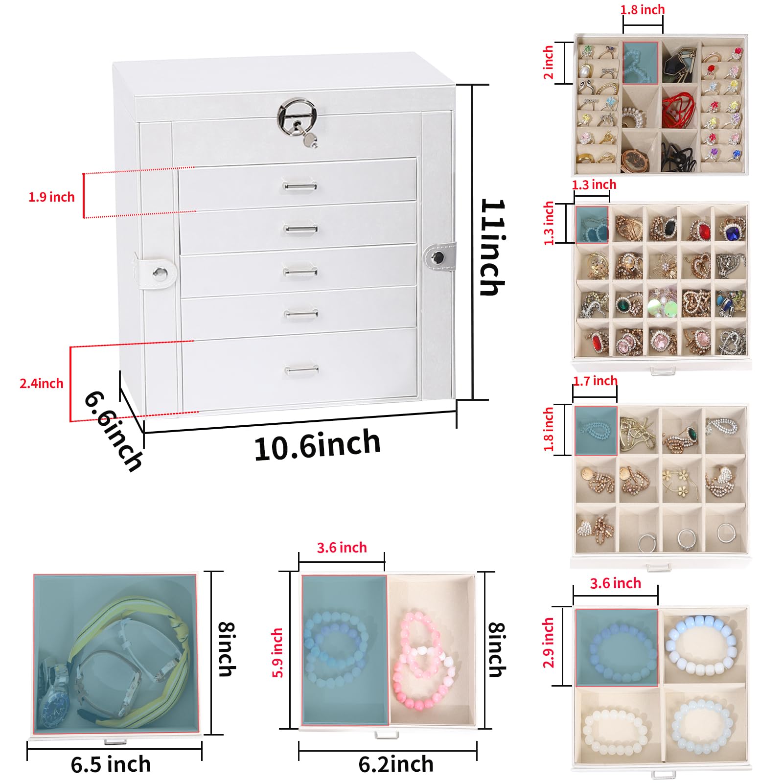 BOOVO Jewelry Box For women, 6 Layer Large Jewelry Organizer With Mirror, Multi-Function Storage Box With Lock, Accessory Holder With 5 Drawers, For Earrings Necklace Ring Bracelet (White)