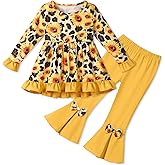 SOLOYEE Toddler Girl Clothes Girls Fall Winter Outfits, Ruffle Long Sleeved Floral Shirts Top + Bell-Bottoms Flare Pants Set