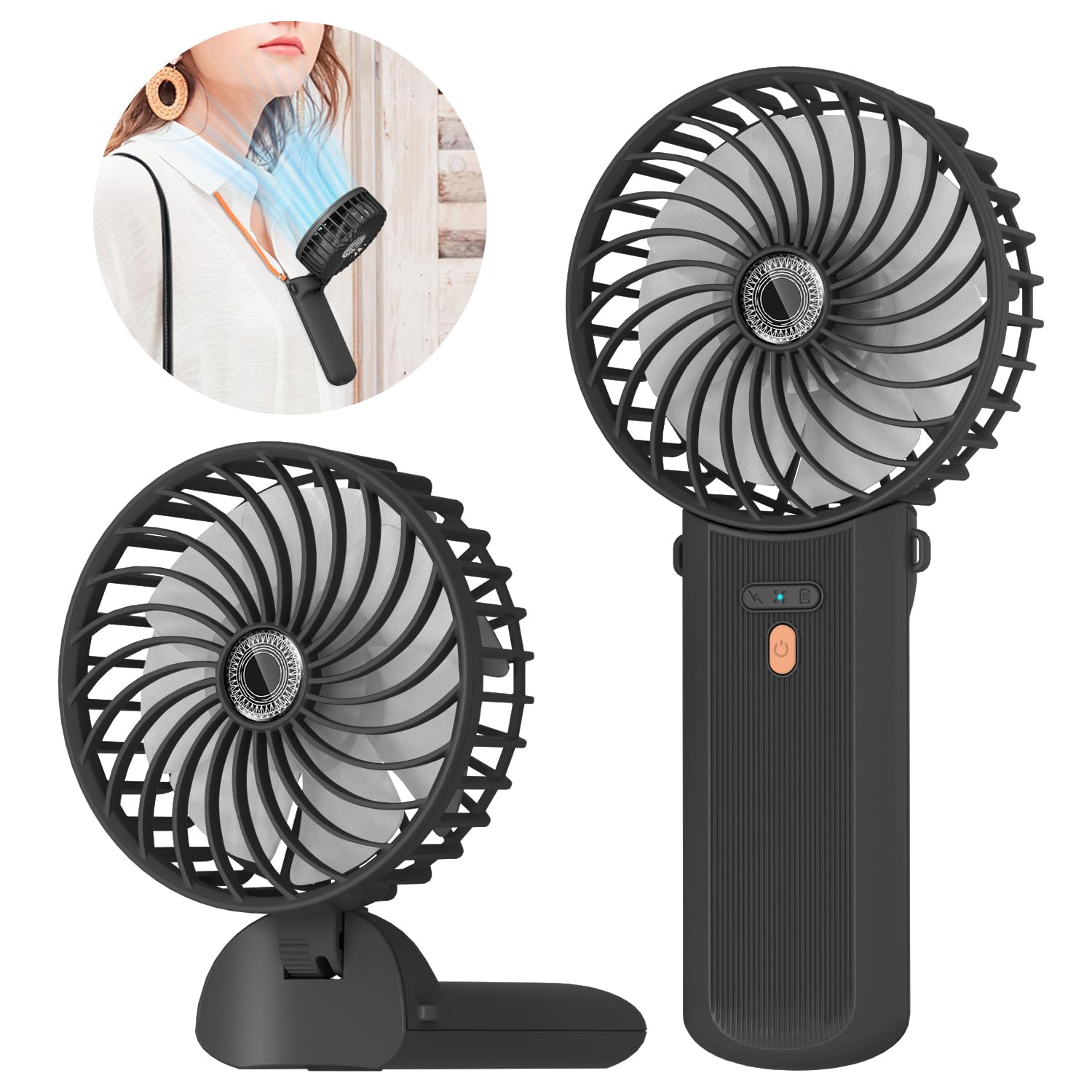 Lepwings Portable Fan Handheld Mini Rechargeable Neck Hanging Fans with 16-Hour Cooling, 4-Speeds Foldable Pocket Fan for Summer Outdoor Travel Home Office - Black