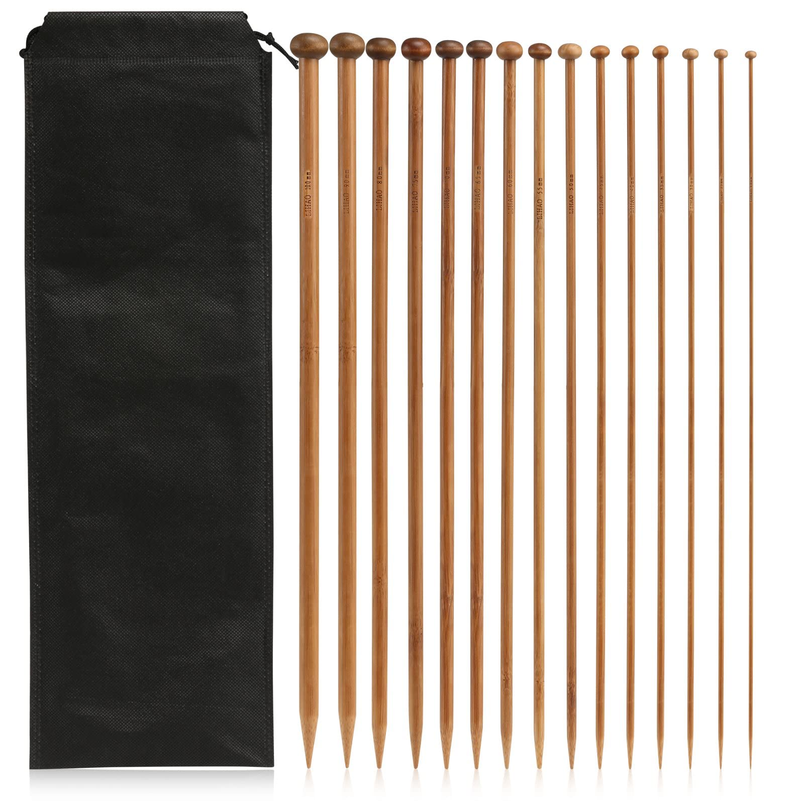 LIHAO 15 Pairs of Single Bamboo Pointed Knitting Needles for Wool (2 mm-10 mm/Length 35 cm)