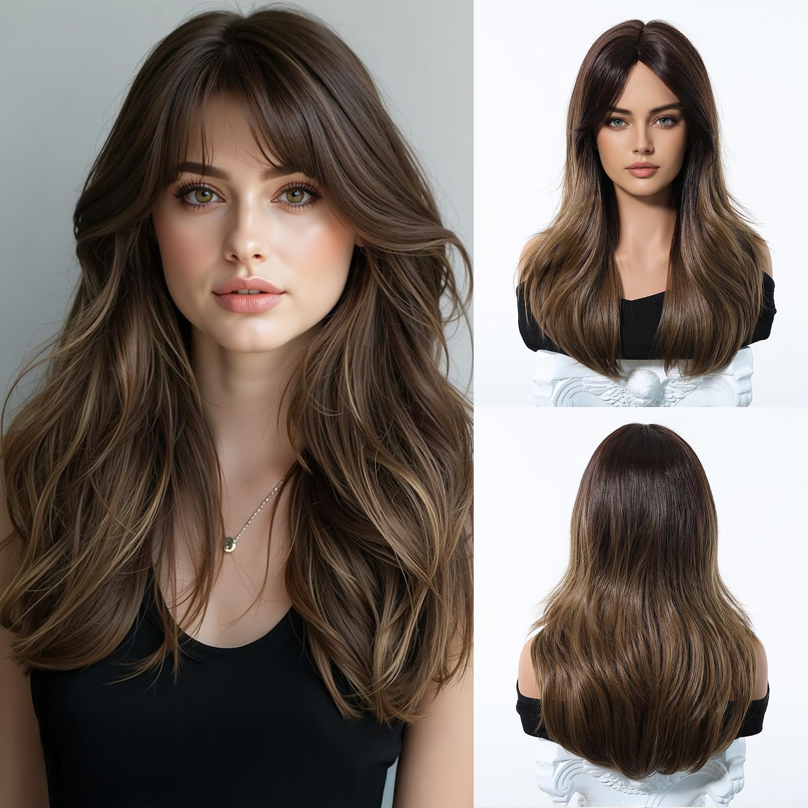 Esmee Long Straight Ombre Brown Wig for Women with Curtain Bangs Natural Synthetic Hair Wigs for Daily Party Use — image 1