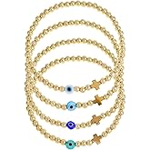 Tyebiva Gold Beaded Cross Stack Bracelets Set for Women, Colorful 4Pcs Boho Evil Eye Trendy Handmade Elastic Stretch Stackable Friendship Bracelets Prom Jewelry Gift.