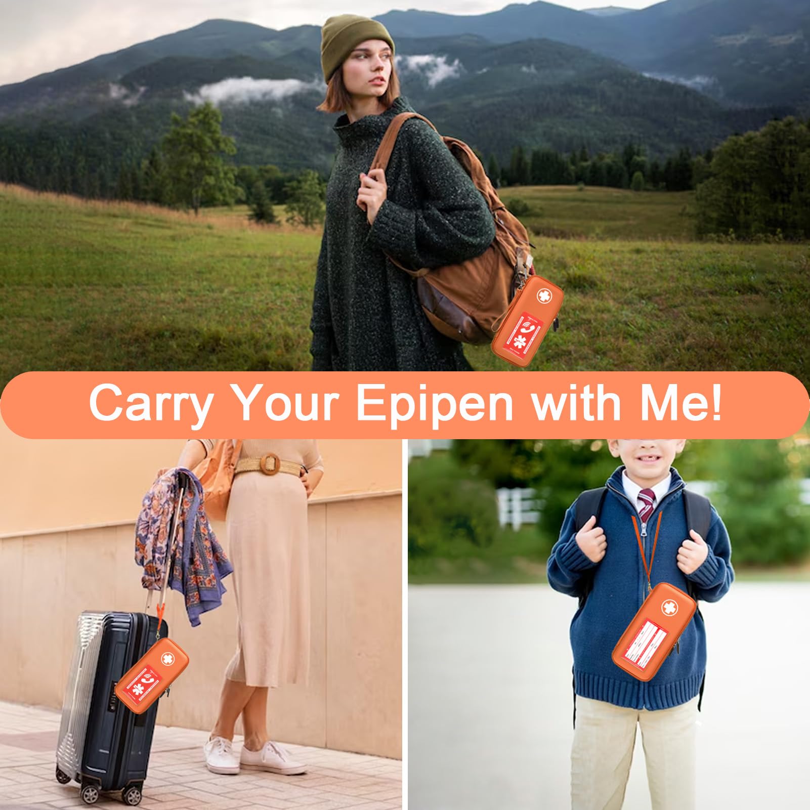 Klawdsky EpiPen Carry Case, Hard Emergency Medical Bag with Carabiner-for 2 EpiPens, Asthma Inhaler, Auvi-Q,Eye Drops,Anti-Histamine,Allergy Medication,Diabetes Travel Case for Adults (Normal Size)