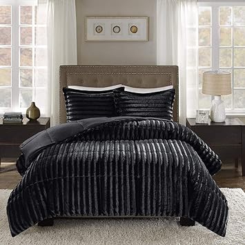 Amazon Com 3 Piece Modern Style Jet Black Faux Fur Comforter Set