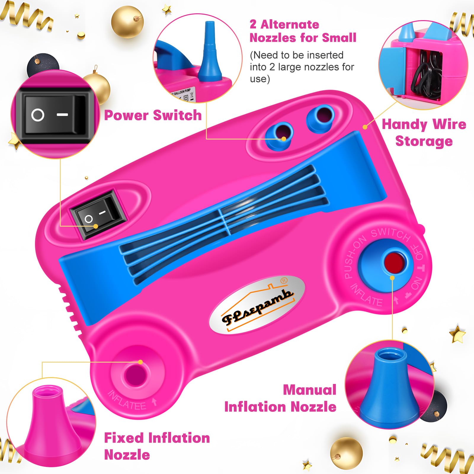 FLSEPAMB Balloon Pump, Electric Balloon Pump,Portable Dual Nozzles Electric Balloon Air Pump 110V 600W, Electric Balloon Inflator with Tying Tool, Colored Ribbons for Party Decoration