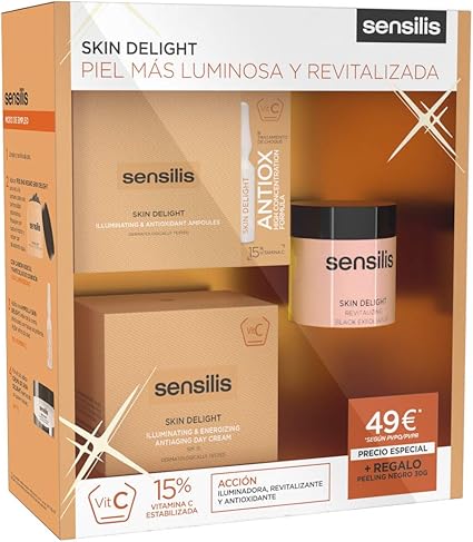 Sensilis Skin Delight - Kit de Belleza con Vitamina C - Crema de Día (50 ml) + Peeling facial (75 ml) + Ampollas Iluminadoras (15 x 1,5 ml): Amazon.es: Belleza