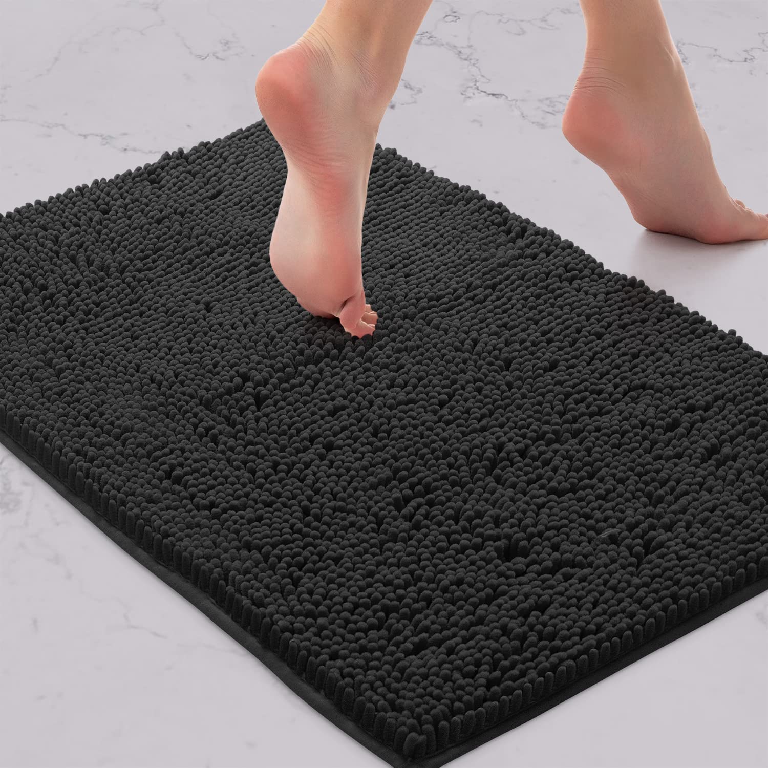 Photo 1 of LuxUrux Bath Mat, Extra-Soft Plush Non-Slip Bathroom Rug, Luxury Chenille Microfiber Material, Super Absorbent Shaggy Bath Rug. Machine Wash & Dry (17 x 24 inches, Black)