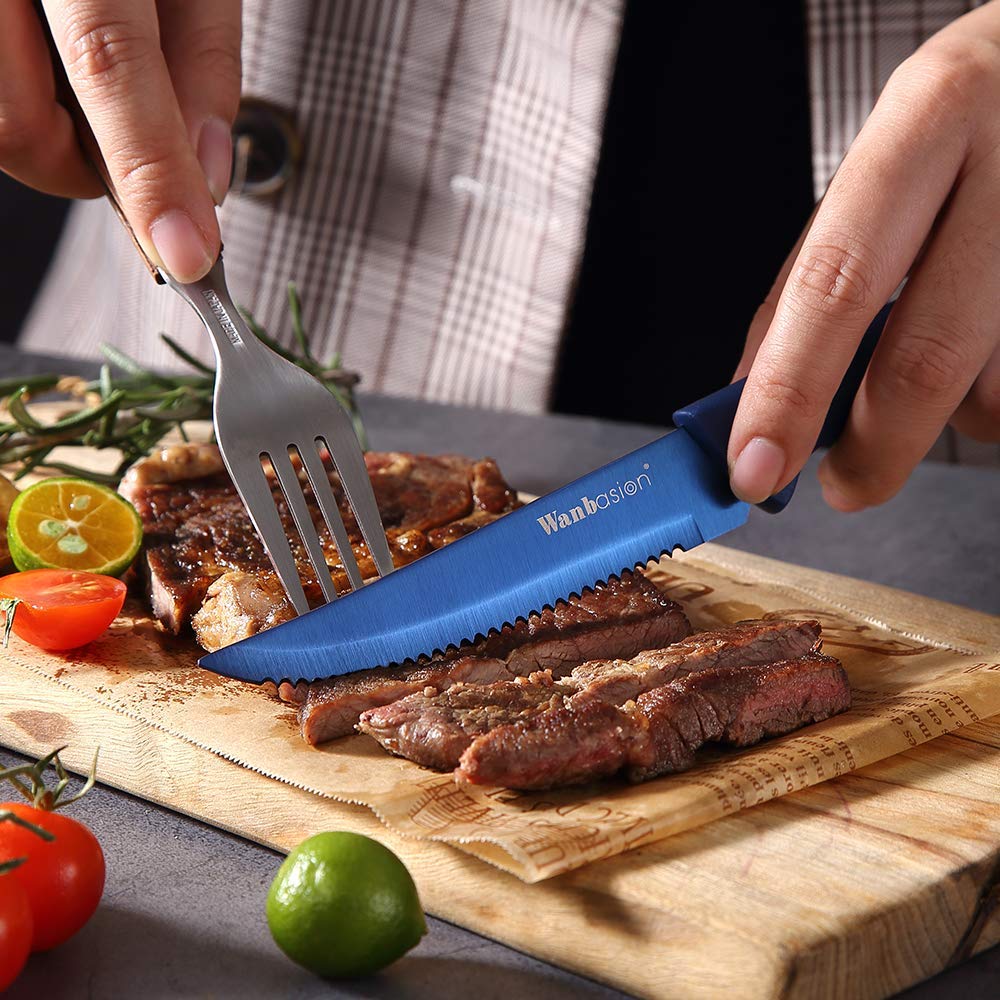 Wanbasion Blue 8Piece Steak Knife Set Dishwasher Safe, Steak Knife Set Stainless Steel, Kitchen