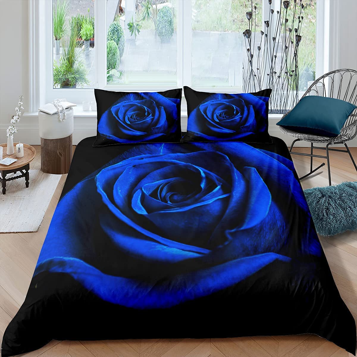 Loussiesd Valentine's Day Duvet Cover Set Single Size Digital Printed Blossom Rose Flowers Bedding Set Black Blue Floral Comforter Cover with 1 Pillow Shams Microfiber Quilt Cover Chic Breathable