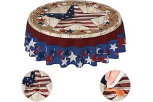 YETTA YANG Farmhouse Vintage Rustic 4th American Flag Patriotic Star Wooden Waterproof Picnic Round Table Cloth Cover Decorations Fabric 60 Inch Circular Tablecloth For 20-47 Inch Home Dining Room Kitchen
