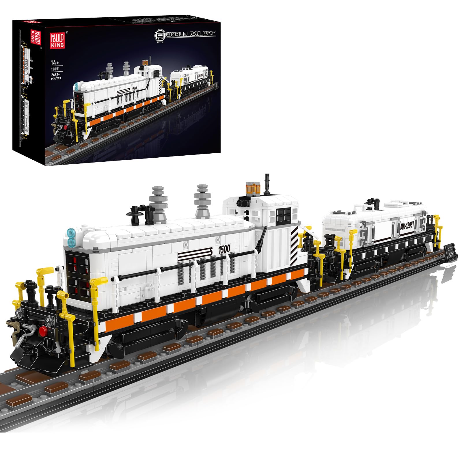 Mould King 12051 Diesel Lok Klemmbausteine Set EMD SW1500, Große Rangierlok mit Schienen & Waggon, Technik Modellbau Zug für Erwachsene, Sammler Eisenbahn (2462+ Teile)