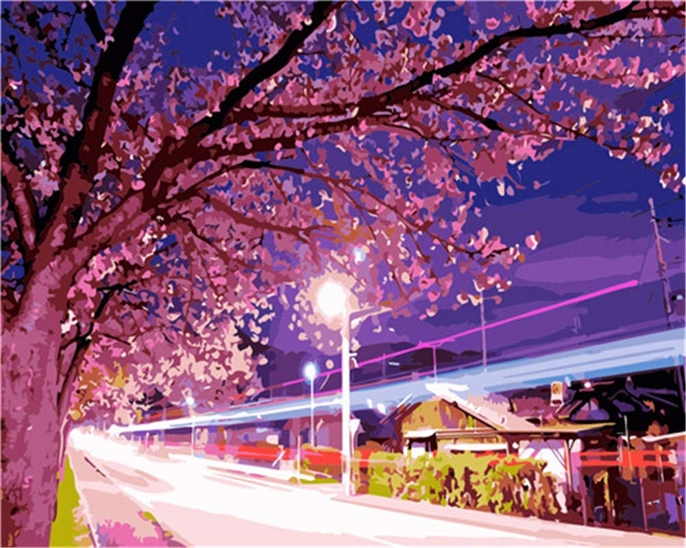 Gofission Paint by Numbers Cherry Blossom, 16x20 inch Canvas DIY Number Painting Kits No Frame (Cherry)