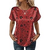 Zeagoo Satin Blouse for Women Business Casual Outfit Short Sleeve Tops Crewneck Tshirt Silk Shirt Summer Clothes