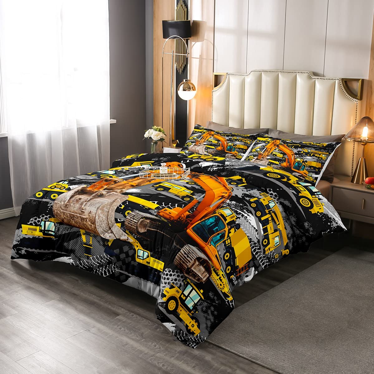 Children Excavator Comforter Set King Size Teens Cartoon Truck Bedding Set 3pcs for Kids Room Decor Boys Construction Vehicle Duvet Insert Yellow Car Down Comforter 2 Pillowcases