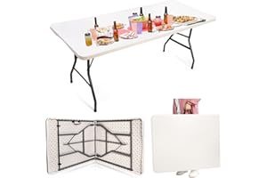 Goaste 6 Foot Folding Table, Portable Plastic Dining Table, Fold-in-Half Heavy Duty Table Indoor Outdoor for Camping, Picnic, Party, BBQ, Wedding, White