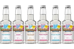 Hawaiian Shaved Ice Syrup Assortment, 6 Pack Dye-Free Flavors: Pina Colada, Cherry, Blue Raspberry, Blue Cotton Candy, Tiger’s Blood and Strawberry, For Shaved Ice, Snow Cones, Slushies, Sodas and More, Allergy-Friendly, No Artificial Colors