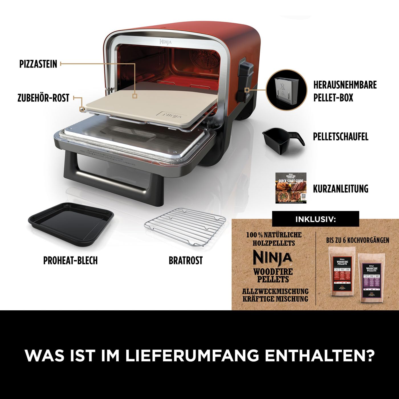 Ninja Woodfire Outdoor-Ofen, 8-in-1-Pizza- Ofen, BBQ-Smoker mit Bratrost, Pro-Heat-Schale, Pizzastein, Holzpellets & Schaufel, elektrisch, 6 Pizza-Einstellungen, Burnt Orange OO101EU 2
