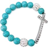 Bocar Metal Plated Sideways Crystal Cross Bangle Charm Beads Stretch Bracelet