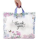 Purple Q Crafts Thank You Bags for Business 50 Pack 15" W x 12" H Floral Plastic Shopping Bags With Soft Loop Handle Thank You Shopping Bag