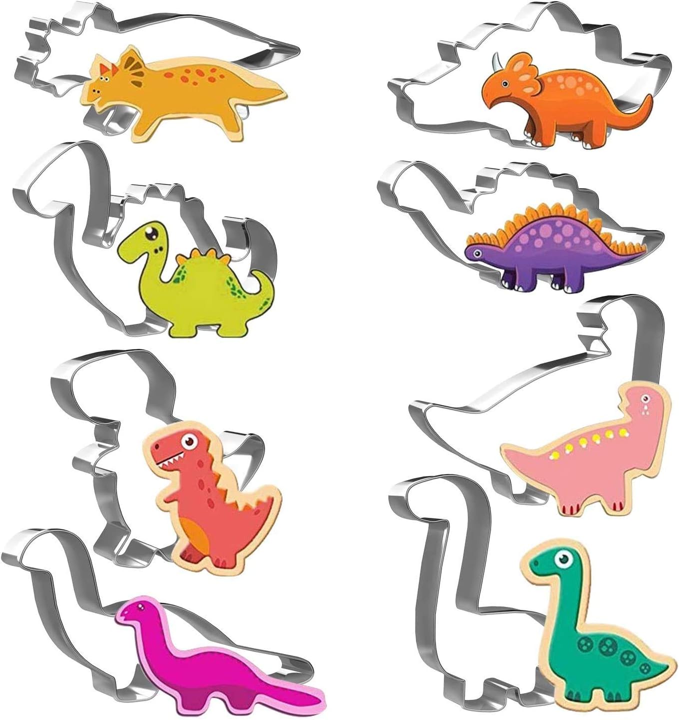 Joyoldelf Dinosaur Shaped Cookie Cutters Set, 8pcs Stainless Steel Biscuit Molds for DIY Baking T-Rex Triceratops Stegosaurus Brachiosaurus and More