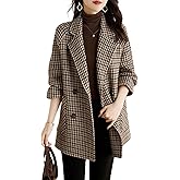 utcoco Womens Notched Lapel Pea Coat Double Breasted Blazer Jackets Houndstooth Woolen Blend Overcoat with Pockets