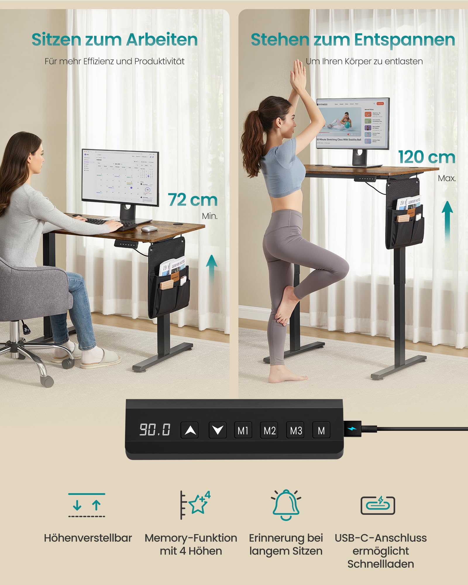 SONGMICS Höhenverstellbarer Schreibtisch elektrisch, 100 x 60 cm, Verstellbarer Tisch, Memory-Funktion für 4 Höhen, für Büro, vintagebraun LSD130KD01 3
