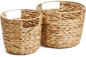 ZENSTORAGE Round Wicker Waste Basket, Wicker Trash Basket for Plants Indoor, Water Hyacinth Basket with Built-In Handle, Garbage Can for Kitchen/Bathroom/Bedroom/Dorm/Office, Set of 2, Small and Large
