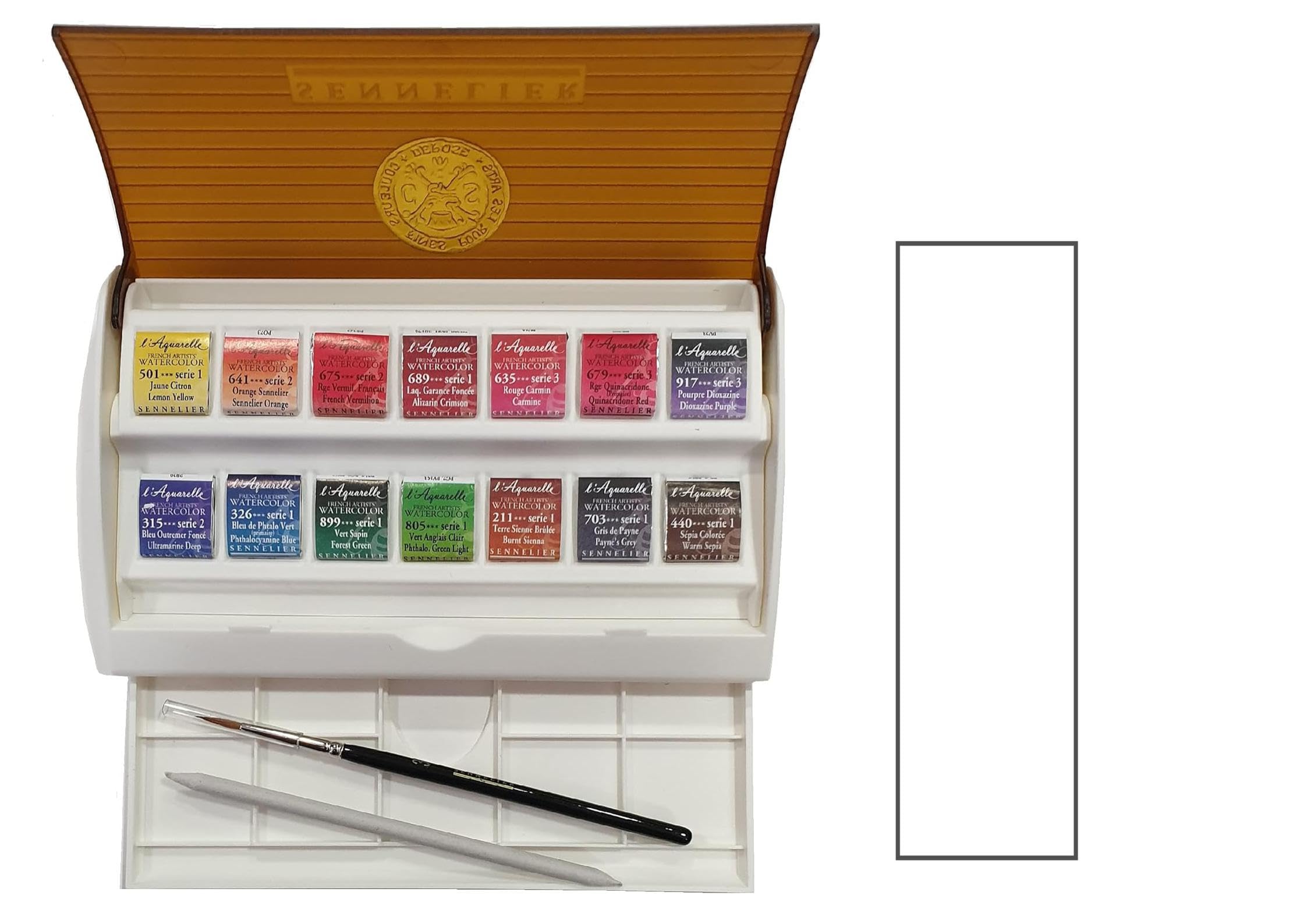 Sennelier Watercolor Paint Box, Extra-Fine, 14 Half Cups with Brush and stump .Made in France