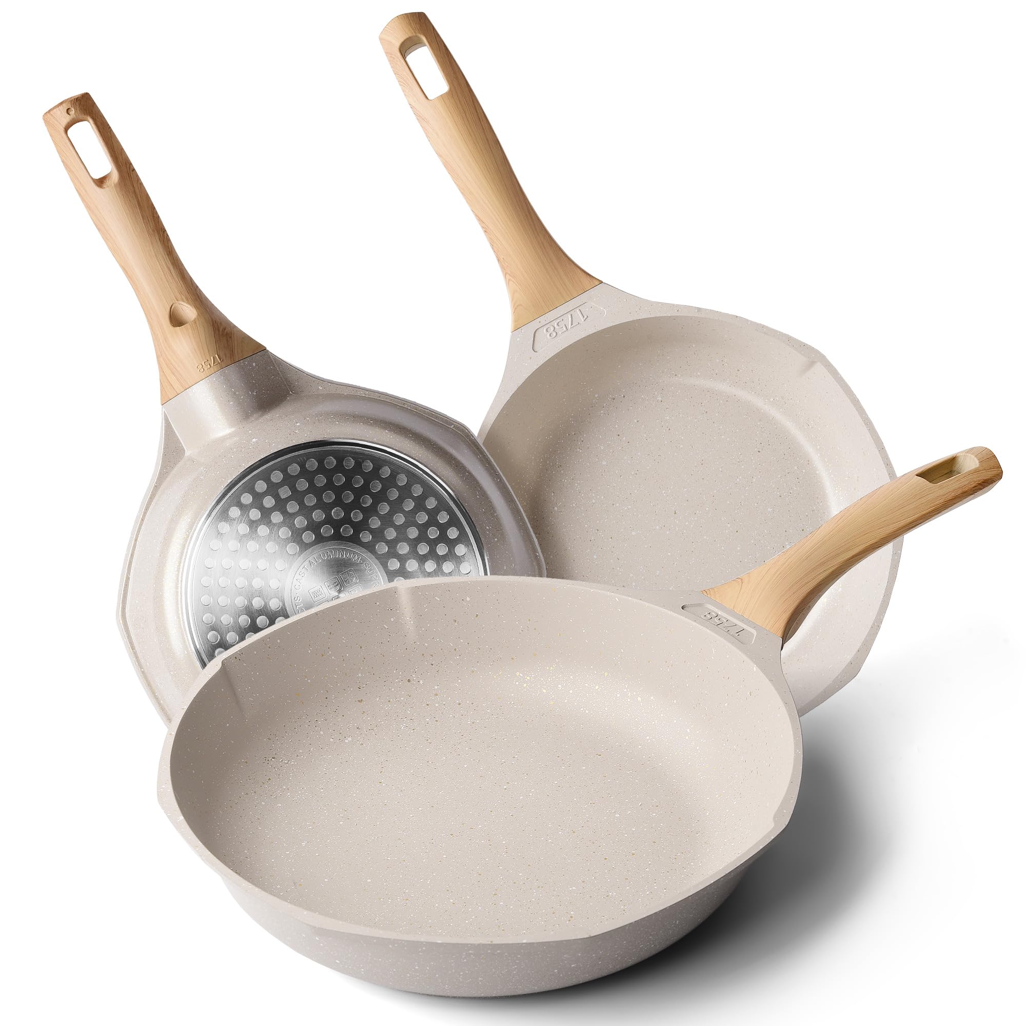 Photo 1 of Nonstick Frying Pan Set - Granite Induction Pans for Cooking Omelette Non-Stick Cookware Set, Healthy Kitchen Skillet Non Sticking Stone Pot and Pan Set (8", 9.5" & 11") Beige