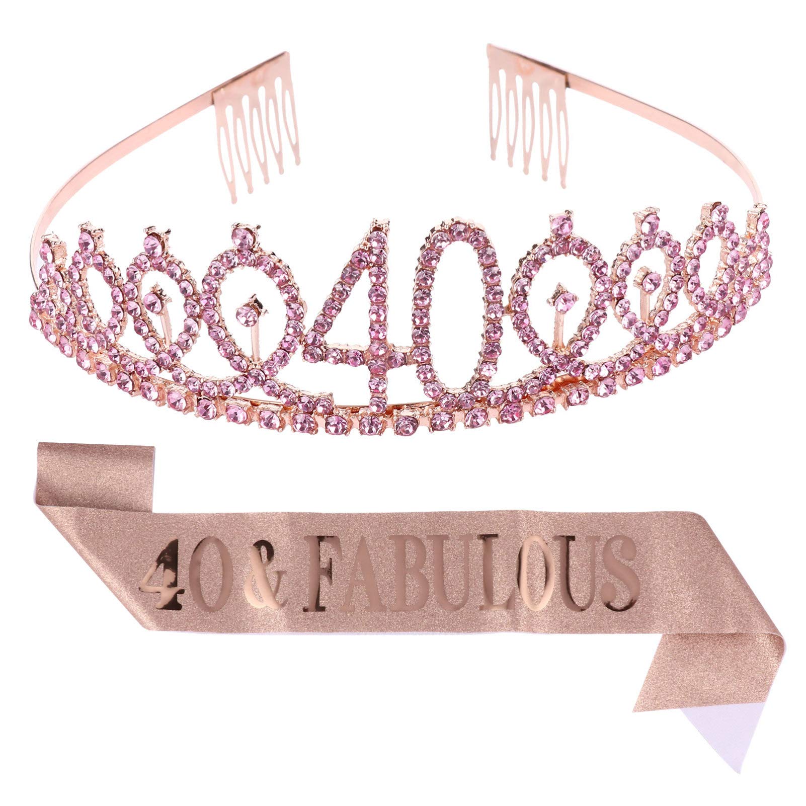 NUOBESTY 40th Birthday Party Crown Sash Set, 40th Fabulous Satin Sash Birthday Crown Decor Crystal Princess Crown Cake Decor for Women Birthday Party Supplies (Rose Gold) 2pcs