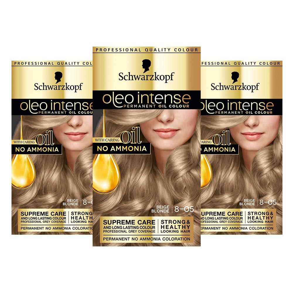 Schwarzkopf Oleo Intense Blonde Hair Dye, 3-Pack Permanent Oil Colour, No Ammonia, Covers Greys, Beige Blonde 8-05